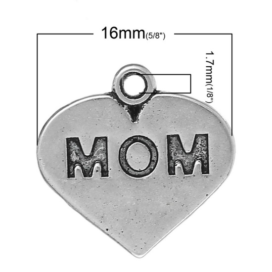 Image de Pendentifs en Alliage de Zinc Cœur Argent Vieilli Gravé Mots "Mom" 16mm x 16mm, 100 Pcs