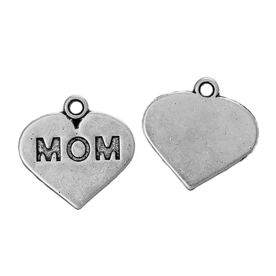 Picture of Zinc Metal Alloy Charm Pendants Heart Antique Silver Color Message "MOM" Carved 16mm x16mm( 5/8" x 5/8"), 100 PCs