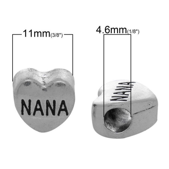 Immagine di Lega di Zinco Stile EuropeoFascino Perline Cuore Argento Antico Lettere Scolpito " Nana Intagliato Circa 11mm x 11mm, Foro: Circa 4.6mm, 2 Pz