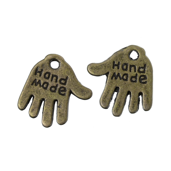 Picture of Zinc Metal Alloy Charm Pendants Hand Palm Antique Bronze Message " Hand Made " Carved 13mm( 4/8") x 12mm( 4/8"), 15 PCs