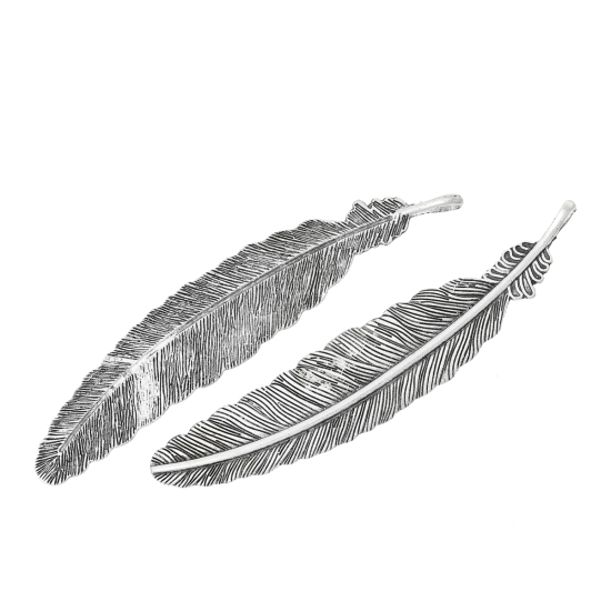 Picture of Charm Pendants Feather Antique Silver Color Stripe Pattern Carved 10.5cm x 2.1cm,20PCs