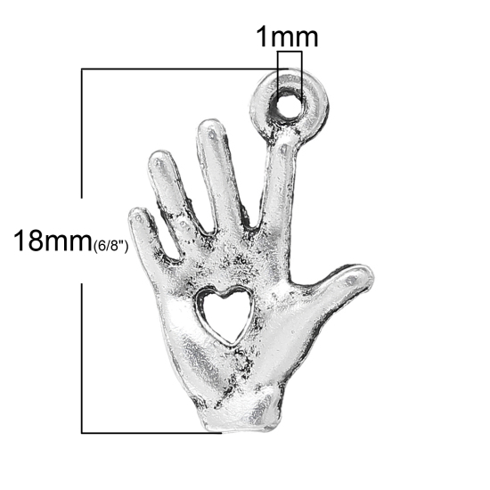Immagine di Lega di Zinco Charm Ciondoli Palmo Argento Antico Cuore Disegno 18.0mm x 13.0mm, 100 Pz