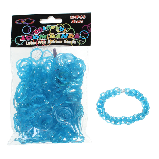 Picture of Silicone Bands For Loom Bracelet DIY Craft Making With Crochet Hook and S-Shape Clips Blue Glitter 8.4cmx0.6cm 17mm 12mmx6mm, 5 Packets(Approx 300PCs/Packet) 