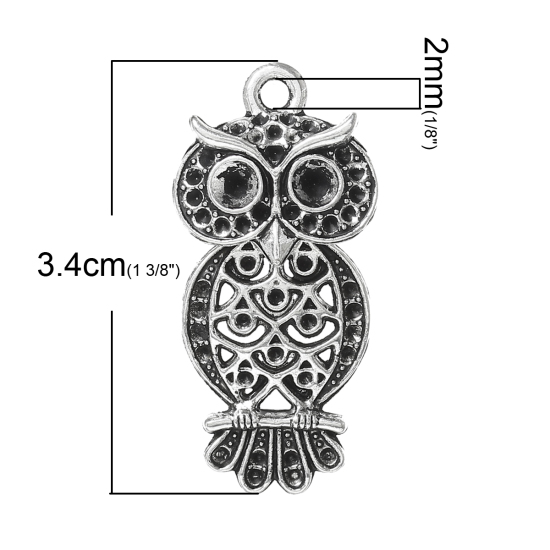 Picture of Charm Pendants Owl Halloween Ornaments Antique Silver Color(Can Hold ss4,ss12 Rhinestone) 3.4cm x 1.6cm,20PCs
