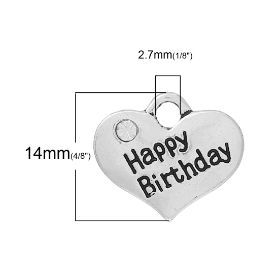 Picture of Zinc Based Alloy Charms Heart Antique Silver Message "Happy Birthday" Carved Clear Rhinestone 16mm x 14mm( 5/8" x 4/8"), 20 PCs