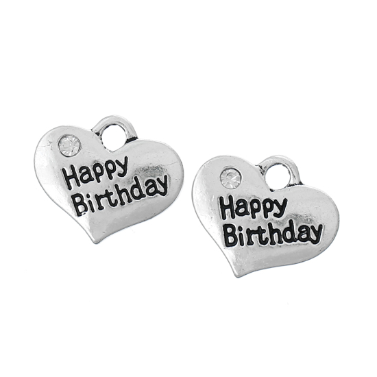 Picture of Zinc Based Alloy Charms Heart Antique Silver Message "Happy Birthday" Carved Clear Rhinestone 16mm x 14mm( 5/8" x 4/8"), 20 PCs