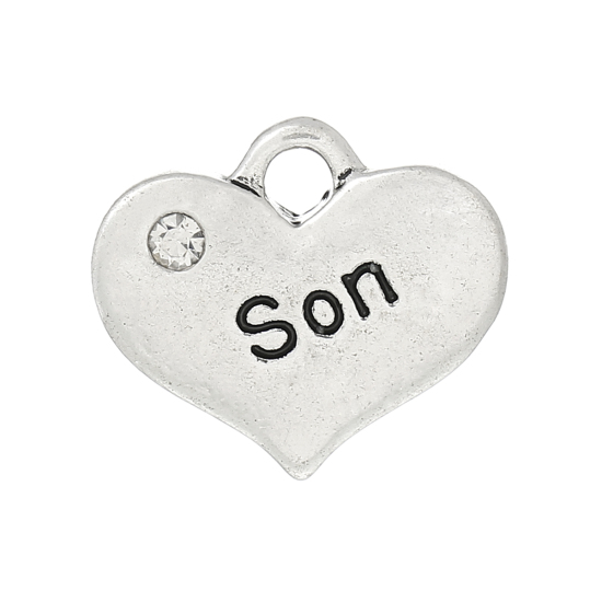 Picture of Zinc Based Alloy Charms Heart Antique Silver Message " SON " Carved Clear Rhinestone 16mm( 5/8") x 14mm( 4/8"), 20 PCs