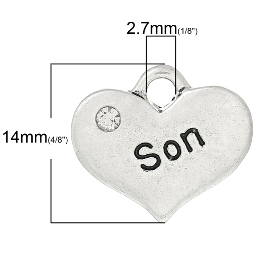 Picture of Zinc Based Alloy Charms Heart Antique Silver Message " SON " Carved Clear Rhinestone 16mm( 5/8") x 14mm( 4/8"), 20 PCs