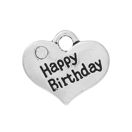 Imagen de 20 Unidades Zamak Familia Colgantes Plata Antigua Corazón Mensaje " Feliz Cumpleaños " Transparente Rhinestone) 16mm x 14mm