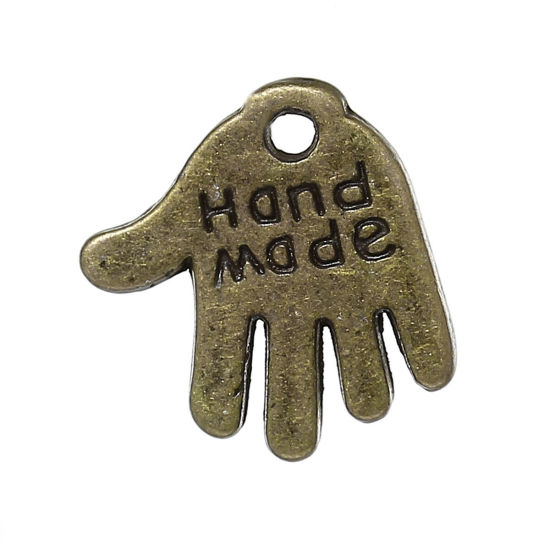 Picture of Zinc Metal Alloy Charm Pendants Hand Palm Antique Bronze Message " Hand Made " Carved 13mm( 4/8") x 12mm( 4/8"), 15 PCs