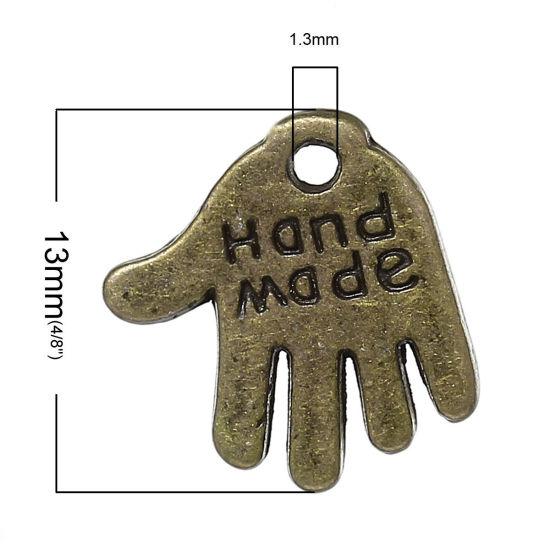 Picture of Zinc Metal Alloy Charm Pendants Hand Palm Antique Bronze Message " Hand Made " Carved 13mm( 4/8") x 12mm( 4/8"), 15 PCs