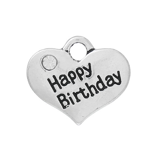 Picture of 2 PCs Zinc Based Alloy Charms Antique Silver Color Heart Message " HAPPY BIRTHDAY " Clear Rhinestone 16mm x 14mm