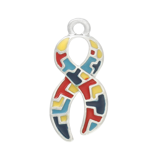 Picture of Zinc Metal Alloy Charm Pendants Ribbon Awareness Silver Tone Multicolor Enamel 24mm(1") x 11mm( 3/8"), 10 PCs