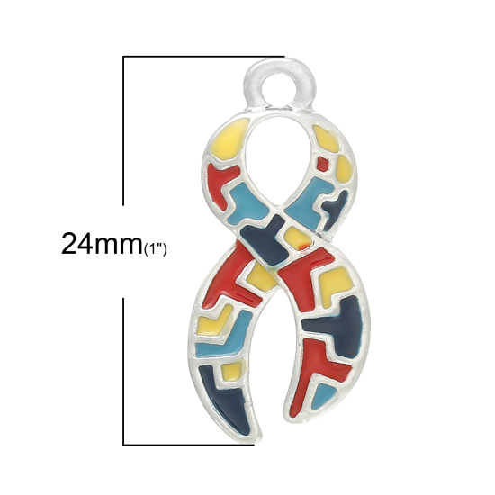 Picture of Zinc Metal Alloy Charm Pendants Ribbon Awareness Silver Tone Multicolor Enamel 24mm(1") x 11mm( 3/8"), 10 PCs