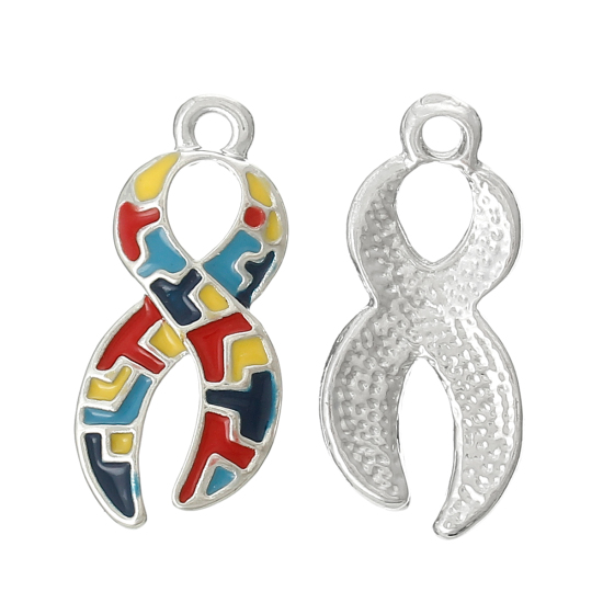 Picture of Zinc Metal Alloy Charm Pendants Ribbon Awareness Silver Tone Multicolor Enamel 24mm(1") x 11mm( 3/8"), 10 PCs