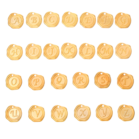 Bild von Zinklegierung Wachssiegel Charm Anfangsbuchstaben "A-Z" Rund Vergoldet 18mm x 18mm 26 Stück