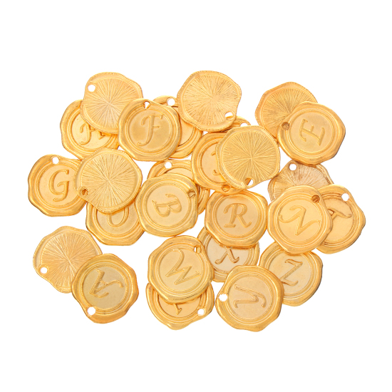 Image de Breloque en Alliage de Zinc Effet Cachet de Cire Rond Doré Initial Alphabet/ Lettre "A-Z" Gravé 18mm x 18mm, 26 PCs