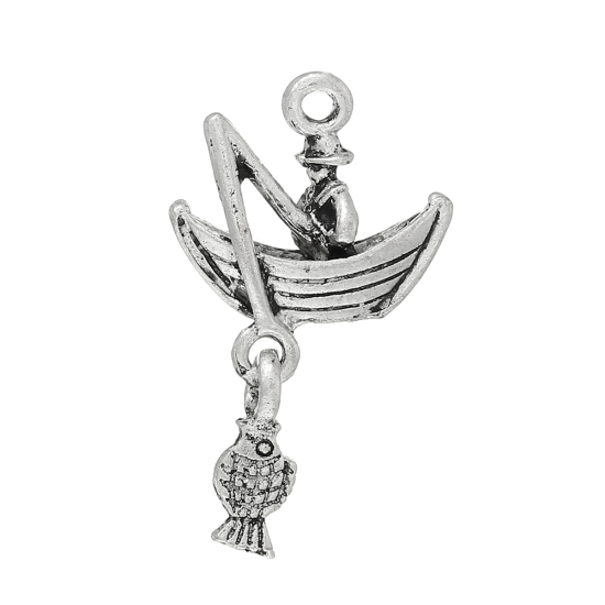 Picture of Charm Pendants Fisherman Fishing In Boat Antique Silver Color 3.1cm x 1.8cm,50PCs