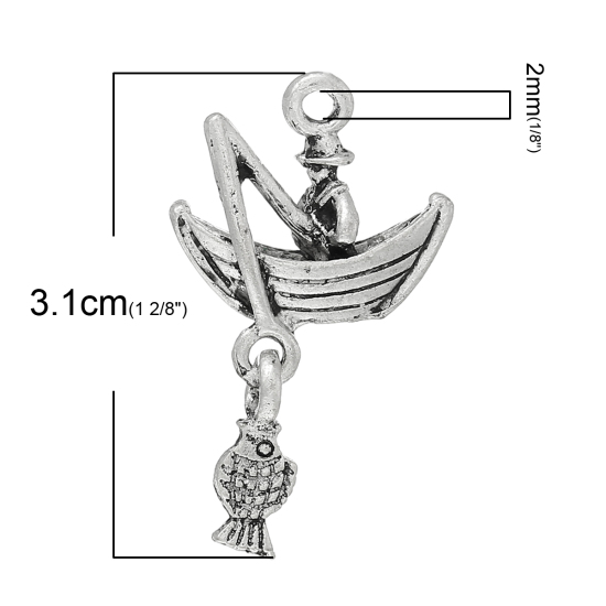 Picture of Charm Pendants Fisherman Fishing In Boat Antique Silver Color 3.1cm x 1.8cm,50PCs
