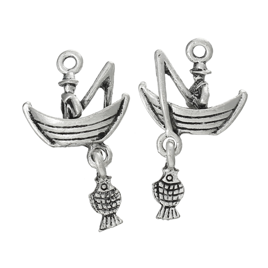 Picture of Charm Pendants Fisherman Fishing In Boat Antique Silver Color 3.1cm x 1.8cm,50PCs