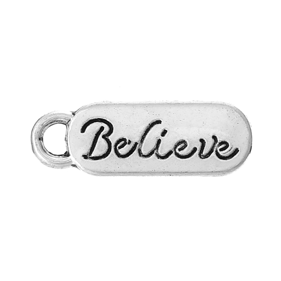 Picture of Charm Pendants Rectangle Antique Silver Color "Believe" Carved 20mm x 7mm,100PCs