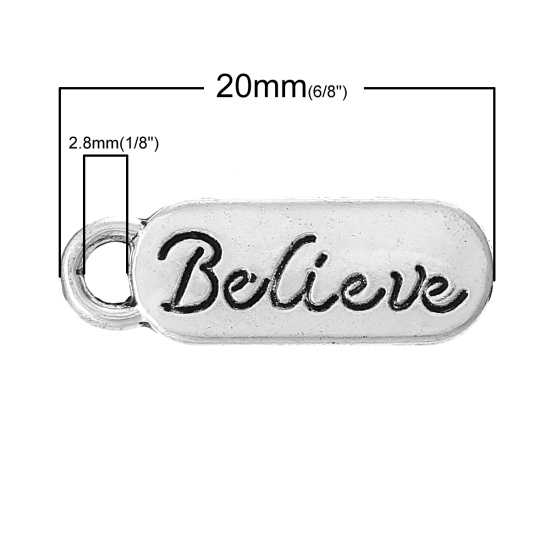 Picture of Charm Pendants Rectangle Antique Silver Color "Believe" Carved 20mm x 7mm,100PCs