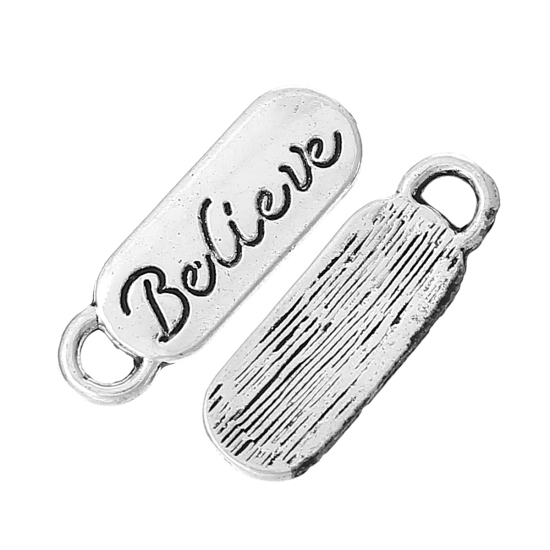 Picture of Charm Pendants Rectangle Antique Silver Color "Believe" Carved 20mm x 7mm,100PCs