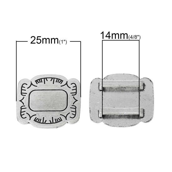 Picture of Zinc Based Alloy Slide Beads Rectangle Antique Silver Carved About 25mm x 22mm(1" x 7/8"), Hole: Approx 14mm x 2.5mm, 30 PCs