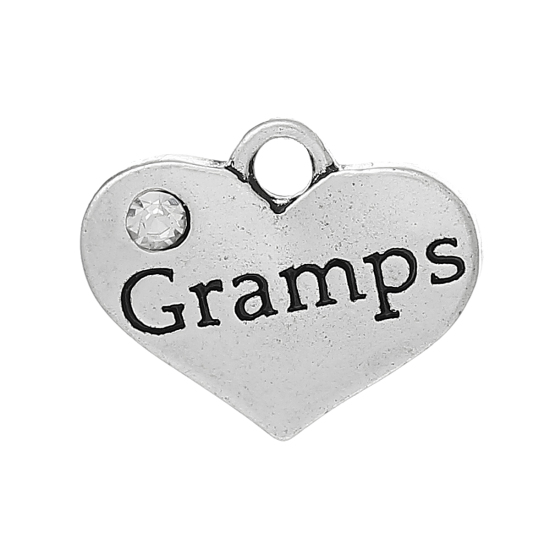 Picture of Charm Pendants Heart Antique Silver "Gramps" Carved Clear Rhinestone 17mm x 14mm,20PCs