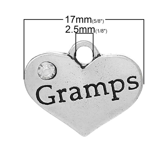 Picture of Charm Pendants Heart Antique Silver "Gramps" Carved Clear Rhinestone 17mm x 14mm,20PCs