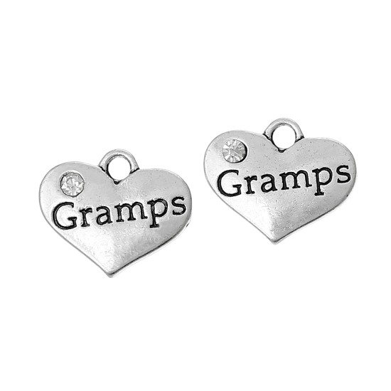 Picture of Charm Pendants Heart Antique Silver "Gramps" Carved Clear Rhinestone 17mm x 14mm,20PCs