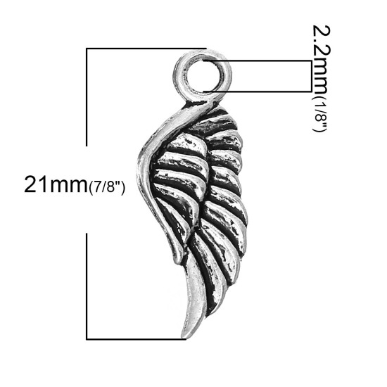 Picture of Zinc Based Alloy Charm Pendants Angel Wing Antique Silver Color 21mm( 7/8") x 8mm( 3/8"), 200 PCs