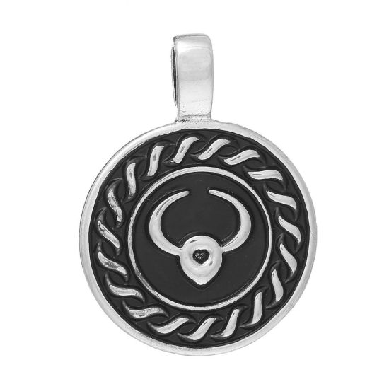 Immagine di Lega di Zinco Charm Ciondoli Tondo Argento Antico Toro Disegno 39mm x 28mmm, 5 Pz