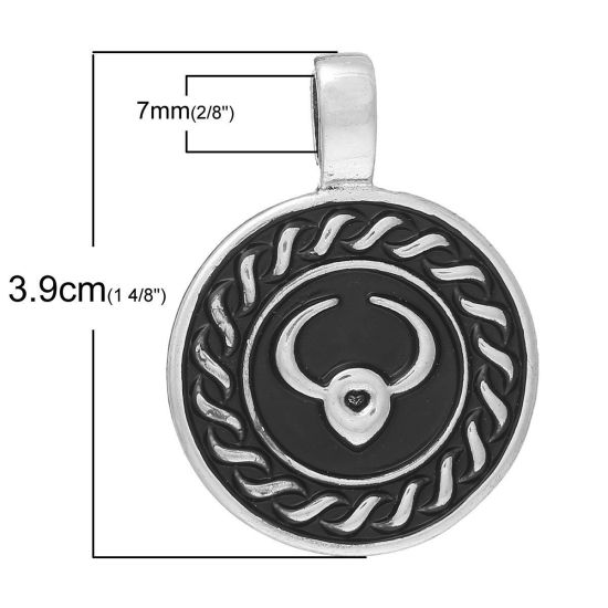 Immagine di Lega di Zinco Charm Ciondoli Tondo Argento Antico Toro Disegno 39mm x 28mmm, 5 Pz