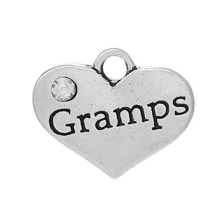 Bild von 20 Stück Zinklegierung Familien Schmuck Charms Antiksilber Herz Message " Gramps " Transparent Strass 17mm x 14mm