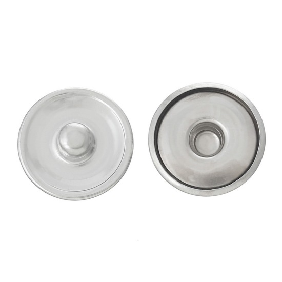 Picture of 18mm Zinc Metal Alloy Snap Buttons Round Silver Tone Cabochon Settings (Fits 16mm Dia.) Fit Snap Button Bracelets, Knob Size: 5.5mm( 2/8"), 50 PCs