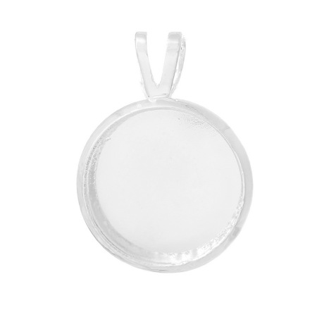 Zinc Based Alloy Cabochon Setting Pendants Round Disc Silver Plated (Fits 12mm Dia.) 19mm x 14mm, 30 PCs
