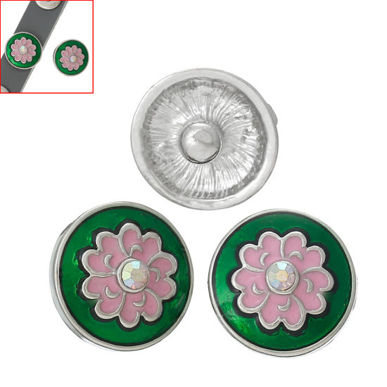 Picture of 16mm Zinc Metal Alloy Snap Buttons Round Silver Tone Flower Carved Pink & Dark Green Enamel AB Color Rhinestone Fit Snap Button Bracelets, Knob Size: 4.8mm(2/8"), 10 PCs