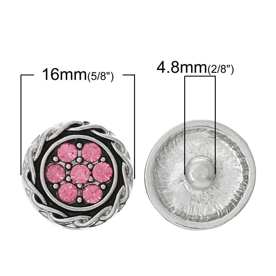 Picture of 16mm Zinc Metal Alloy Snap Buttons Round Antique Silver Color Flower Carved Pink Rhinestone Fit Snap Button Bracelets, Knob Size: 4.8mm(2/8"), 10 PCs