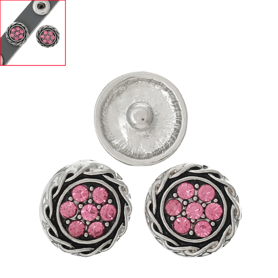 Picture of 16mm Zinc Metal Alloy Snap Buttons Round Antique Silver Color Flower Carved Pink Rhinestone Fit Snap Button Bracelets, Knob Size: 4.8mm(2/8"), 10 PCs