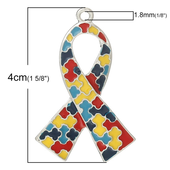 Picture of Charm Pendants Ribbon Awareness Silver Tone Enamel Multicolor 4cm x 2.5cm,5PCs