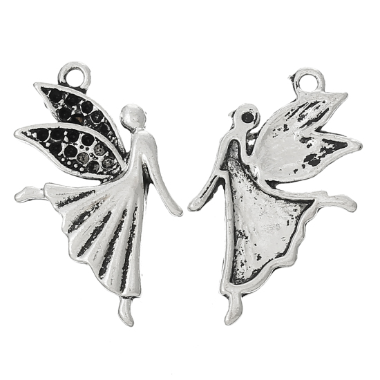 Imagen de Zamak Colgantes Hada Plata Antigua (Apta ss4 Puntiagudo Fondo Rhinestone) 30mm x 19mm, 4 Unidades