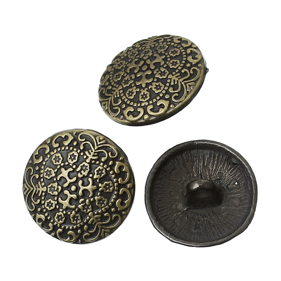 Picture of Zinc Based Alloy Metal Sewing Shank Buttons Round Antique Bronze Pattern Carved 17mm( 5/8") Dia, 30 PCs