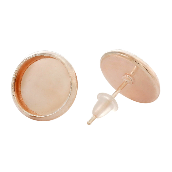 Imagen de Latón Pendientes de Presión Base Camafeo Ronda Oro Rosa(Apta 10mm Dia.)14mm x 12mm, 30 Unidades