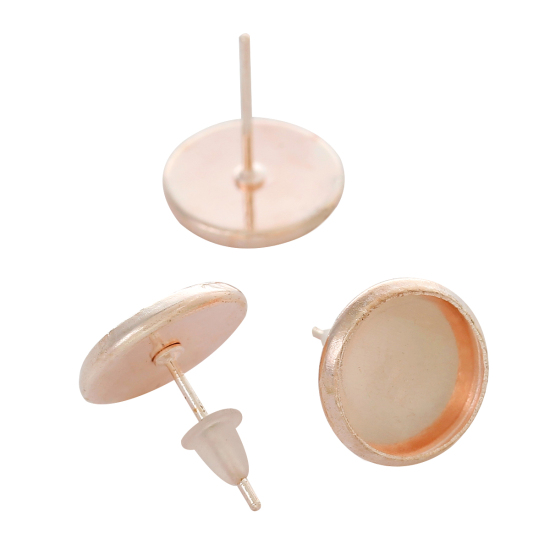 Imagen de Latón Pendientes de Presión Base Camafeo Ronda Oro Rosa(Apta 10mm Dia.)14mm x 12mm, 30 Unidades