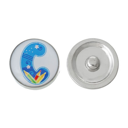 20mm Bouton Pression Forme Rond Argent Mat Bleu Lettre " C " pour Bracelet Bouton Pression, Taille de Poignée: 5.5mm, 5 Pcs