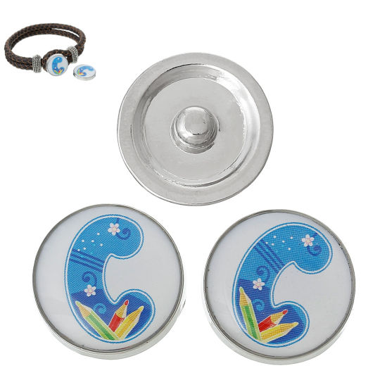 Picture of 20mm Zinc Metal Alloy Snap Buttons Round Silver Tone Blue Alphabet /Letter " C " Pencil Pattern Fit Snap Button Bracelets, Knob Size: 5.5mm( 2/8"), 5 PCs