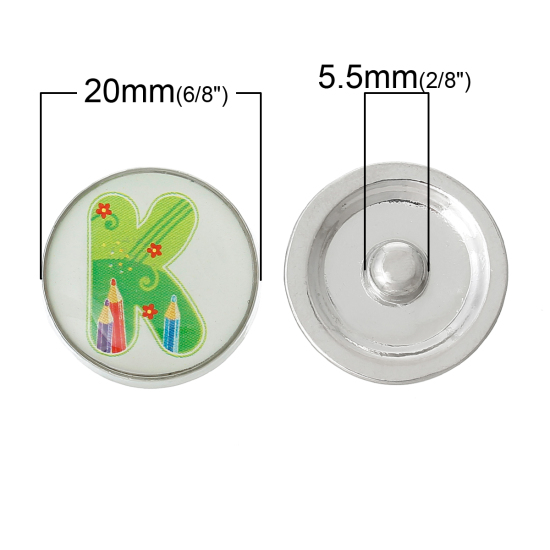 Picture of 20mm Zinc Metal Alloy Snap Buttons Round Silver Tone Green Alphabet /Letter " K " Pencil Pattern Fit Snap Button Bracelets, Knob Size: 5.5mm( 2/8"), 5 PCs