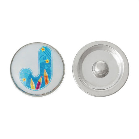 20mm Zinc Metal Alloy Snap Buttons Round Silver Tone Blue Alphabet /Letter " J " Pencil Pattern Fit Snap Button Bracelets, Knob Size: 5.5mm( 2/8"), 5 PCs