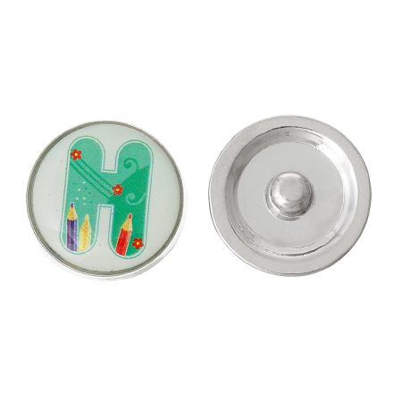 20mm Zinc Metal Alloy Snap Buttons Round Silver Tone Green Alphabet /Letter " H " Pencil Pattern Fit Snap Button Bracelets, Knob Size: 5.5mm( 2/8"), 5 PCs